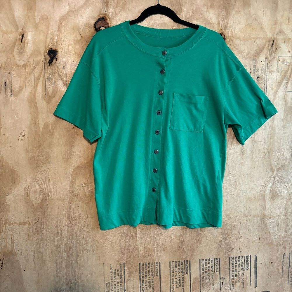 Vintage Basic Essentials Kelly Green Button Up T-… - image 1